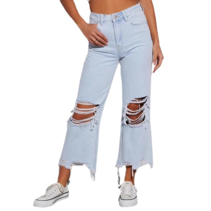 Damen lässige Boyfriend Jeans mit auffälligen Destroyed-Details und weitem Bein Drune