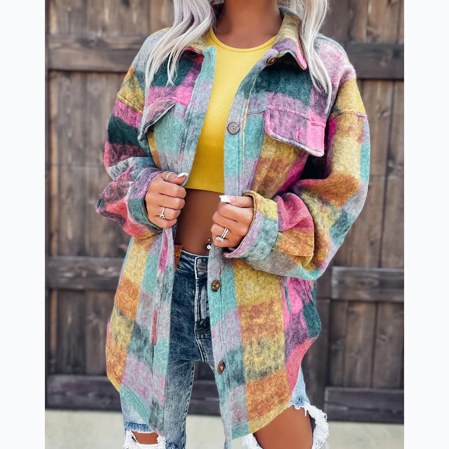 Damen Karo Oversize-Hemdjacke aus weichem Wollmaterial mit praktischen Taschen Drune