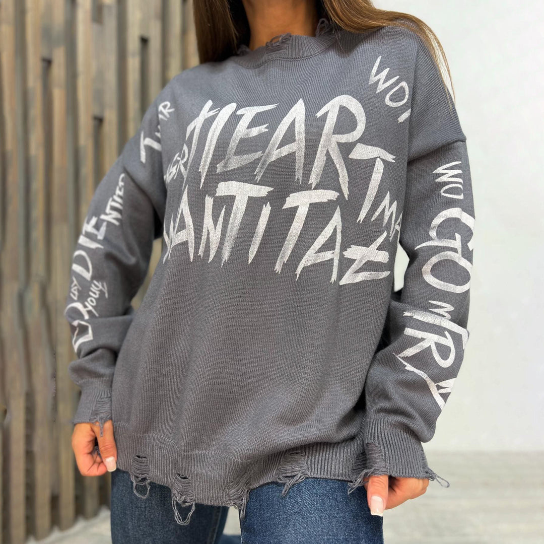 Damen Oversized Sweatshirt mit kreativem Schriftzug und modischen Rissdetails Drune