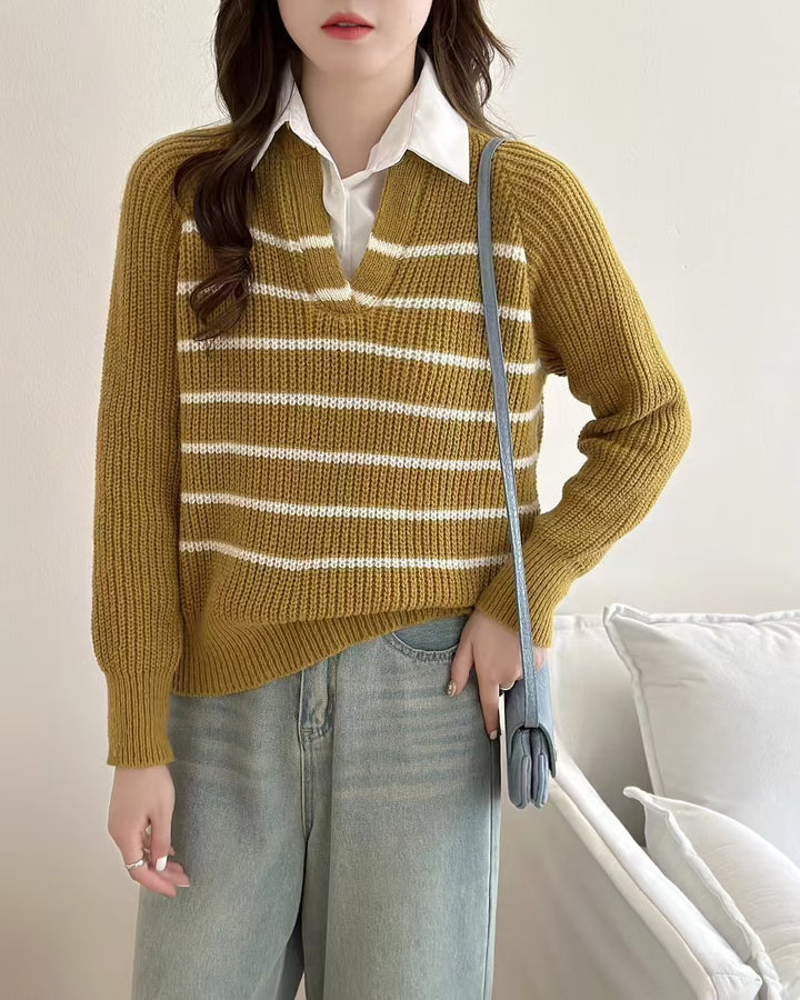 Damen Strickpullover mit V-Ausschnitt und gestreiftem Design Drune
