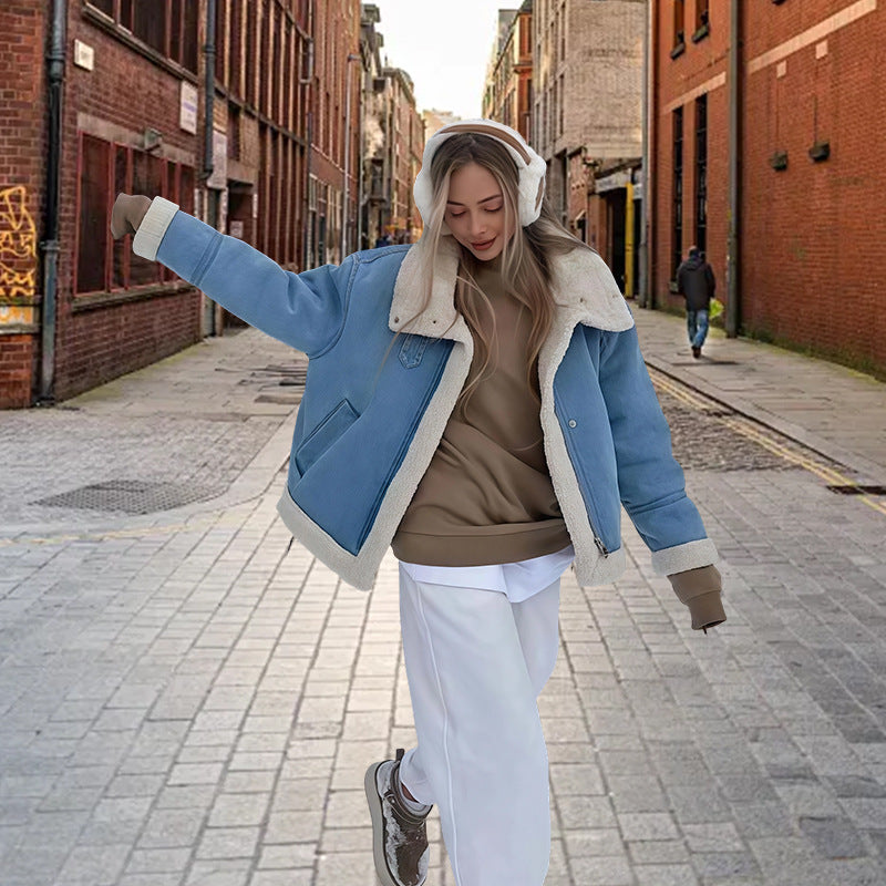 Damen modische Denimjacke mit Fellkragen und oversized Schnitt Drune
