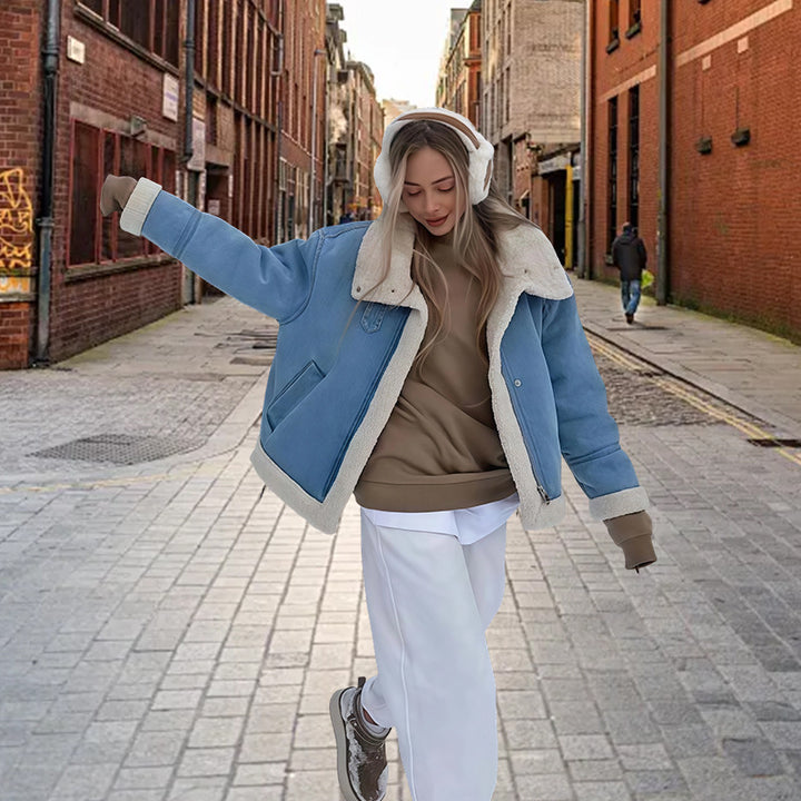 Damen modische Denimjacke mit Fellkragen und oversized Schnitt Drune