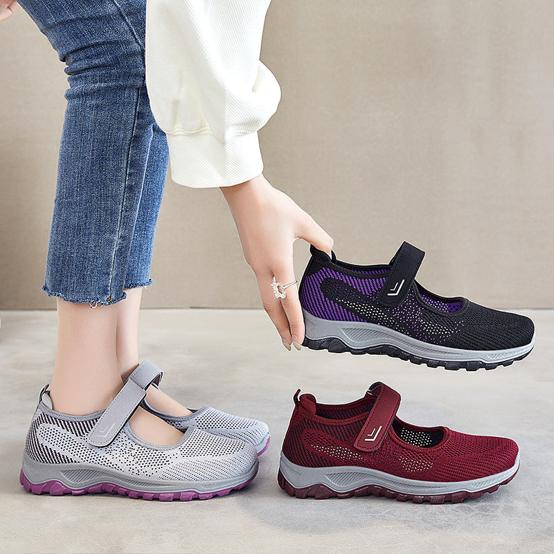 Damen nan gestrickter Mary-Jane-Sneaker mit Klettverschluss, atmungsaktivem Obermaterial und dämpfender Profilsohle Drune