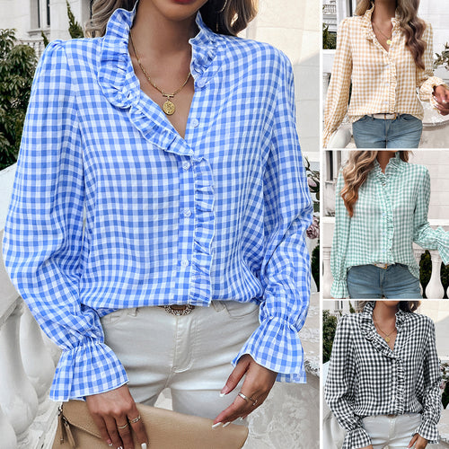 Damen Karierte Bluse mit Rüschendetails und Knopfleiste Drune