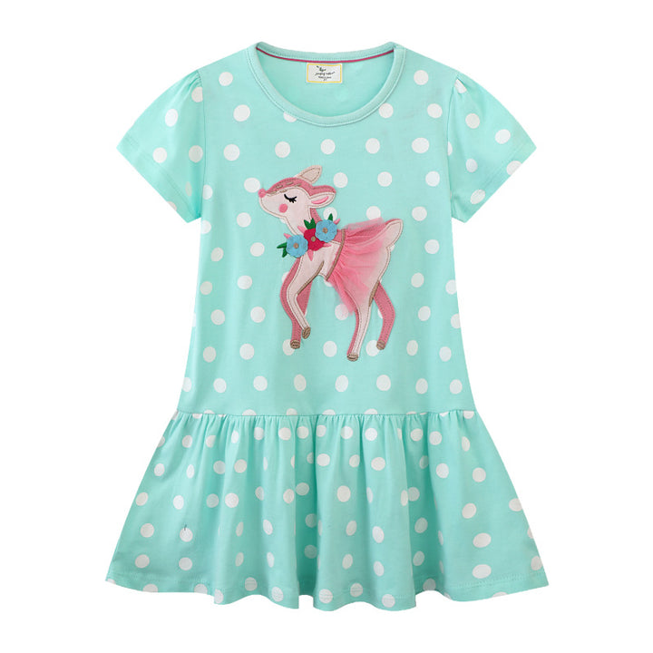 Mädchen Polka Dots Kleid mit süßem Reh-Design Drune