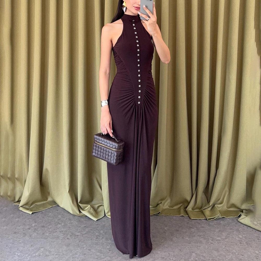 Damen Elegantes, figurbetontes Maxikleid mit hochgeschlossenem Ausschnitt und Knopfdetails Drune