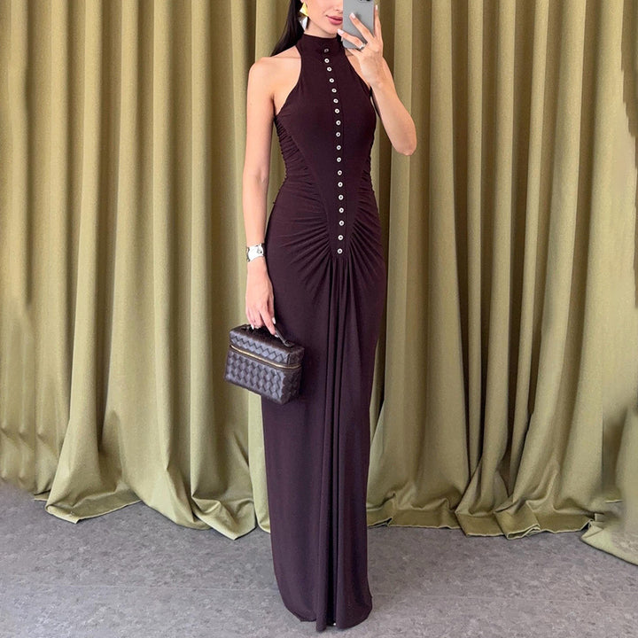 Damen Elegantes, figurbetontes Maxikleid mit hochgeschlossenem Ausschnitt und Knopfdetails Drune