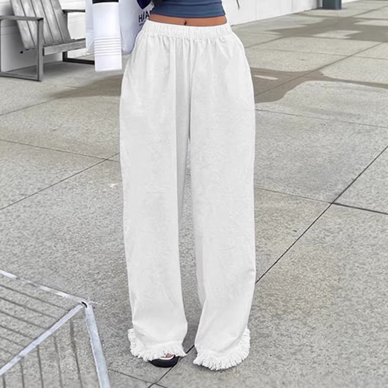 Damen Weite Baumwollhose mit elastischem Bund und femininen Fransen Drune