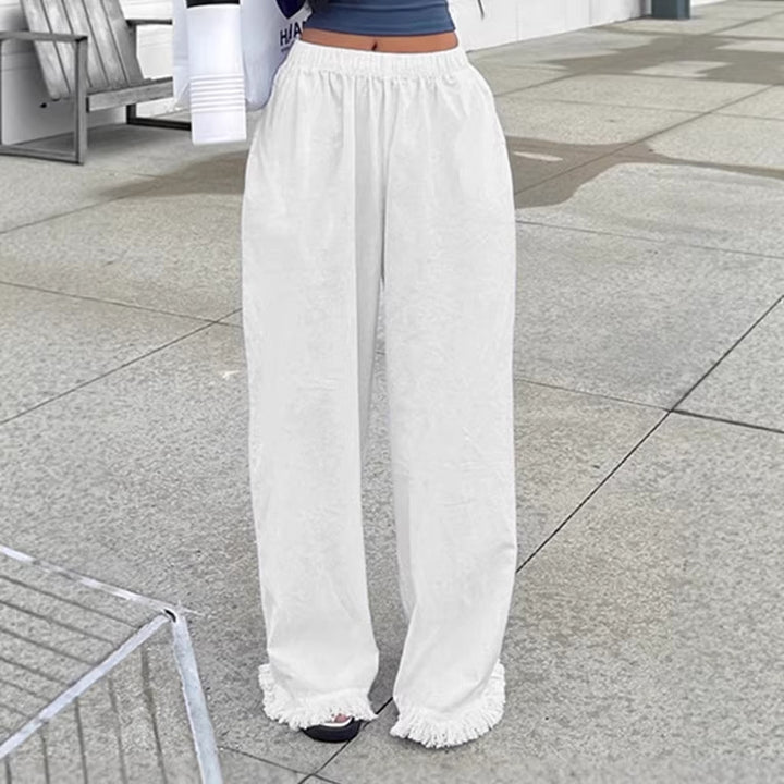 Damen Weite Baumwollhose mit elastischem Bund und femininen Fransen Drune