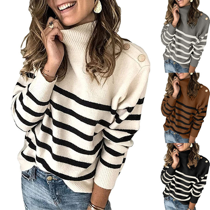 Damen Hochgeschlossen Pullover mit Streifenmuster und dekorativen Knöpfen Drune