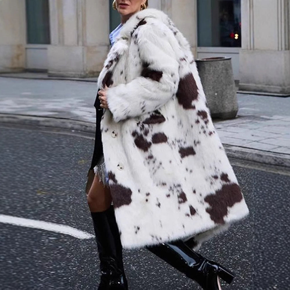 Damen Luxuriöse Kunstfelljacke mit auffälligem Tiermuster Drune