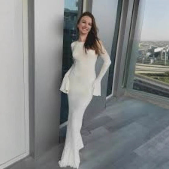 Damen figurbetontes Langkleid mit schickem Muschel-Design und elegantem Ärmelabschluss Drune