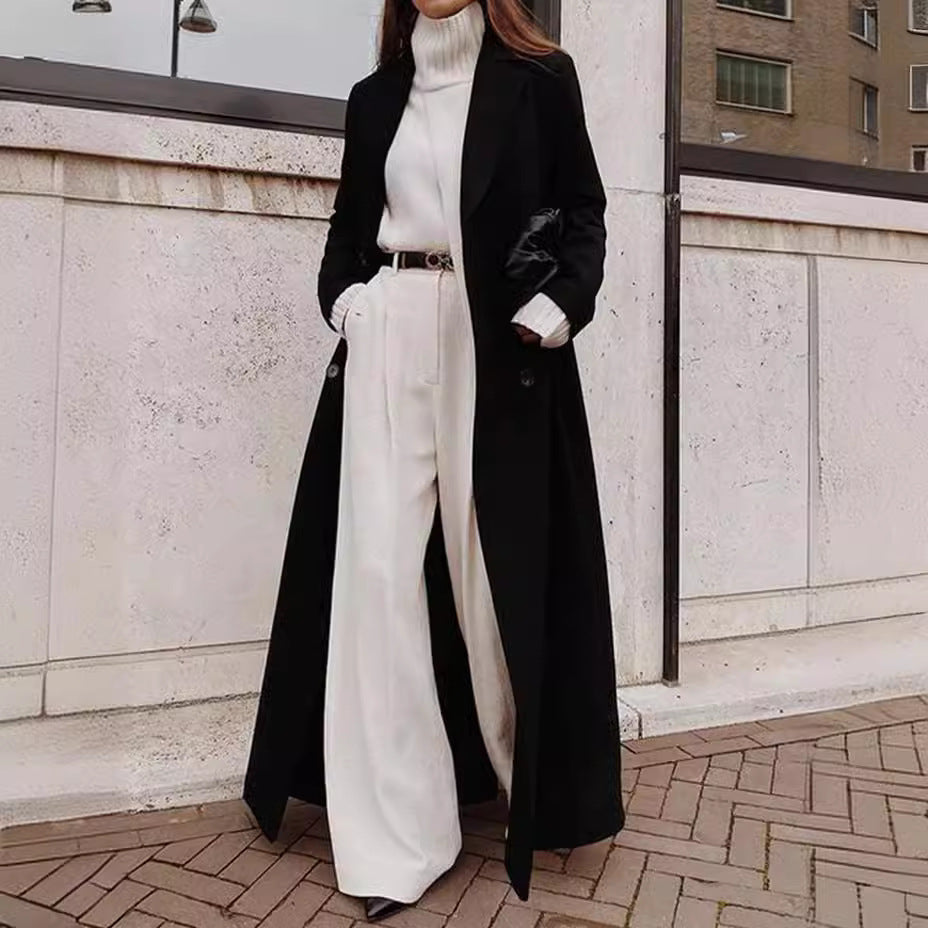 Damen klassischer Maxi-Mantel mit eleganten Falten und Taschen Drune