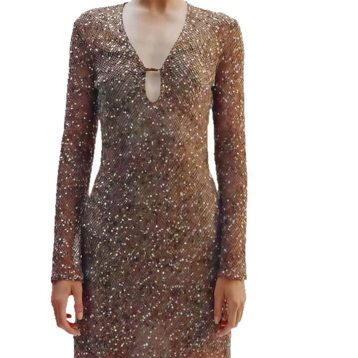 Damen Glamouröses Paillettenkleid mit tiefem V-Ausschnitt und langen Ärmeln Drune