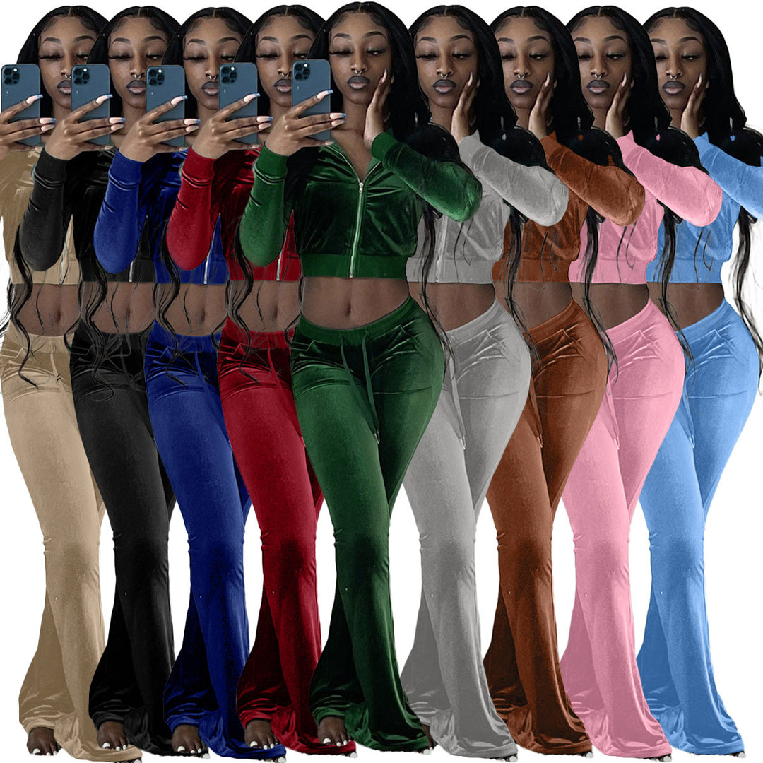 Damen Velours Tracksuit mit Zip-Front und weit geschnittener Hose Drune