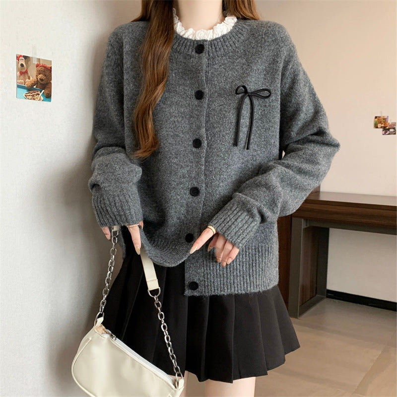 Damen Strickcardigan mit dekorativen Knöpfen und Schleifenakzent Drune