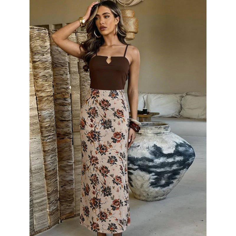Damen Maxi-Kleid mit modischem Blumenmuster und schmalen Spaghettiträgern Drune