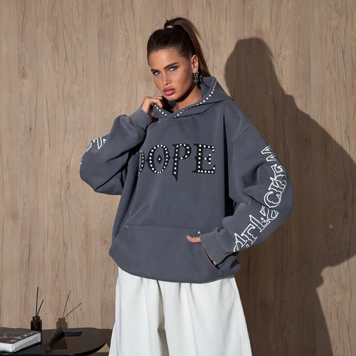 Damen Oversized Hoodie mit auffälliger Steine-Verzierung und kreativen Ärmeldrucken Drune