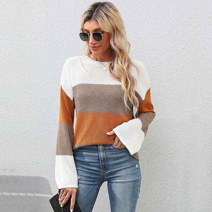 Damen lässiger Strickpullover mit kreativem Blockstreifenmuster Drune