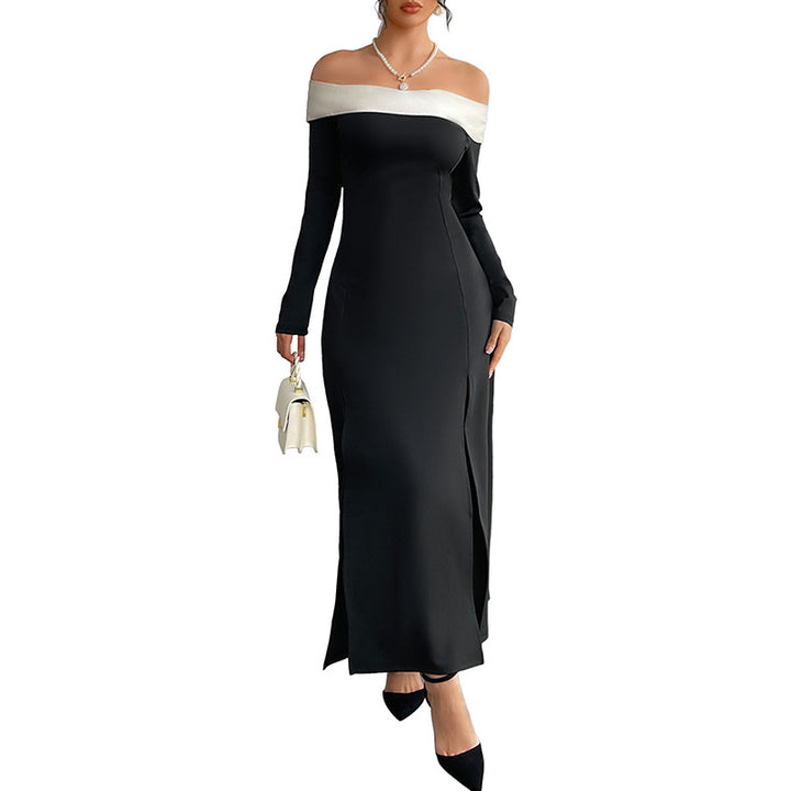 Damen elegantes Off-Shoulder-Maxi-Kleid mit seitlichem Schlitz und langen Ärmeln Drune