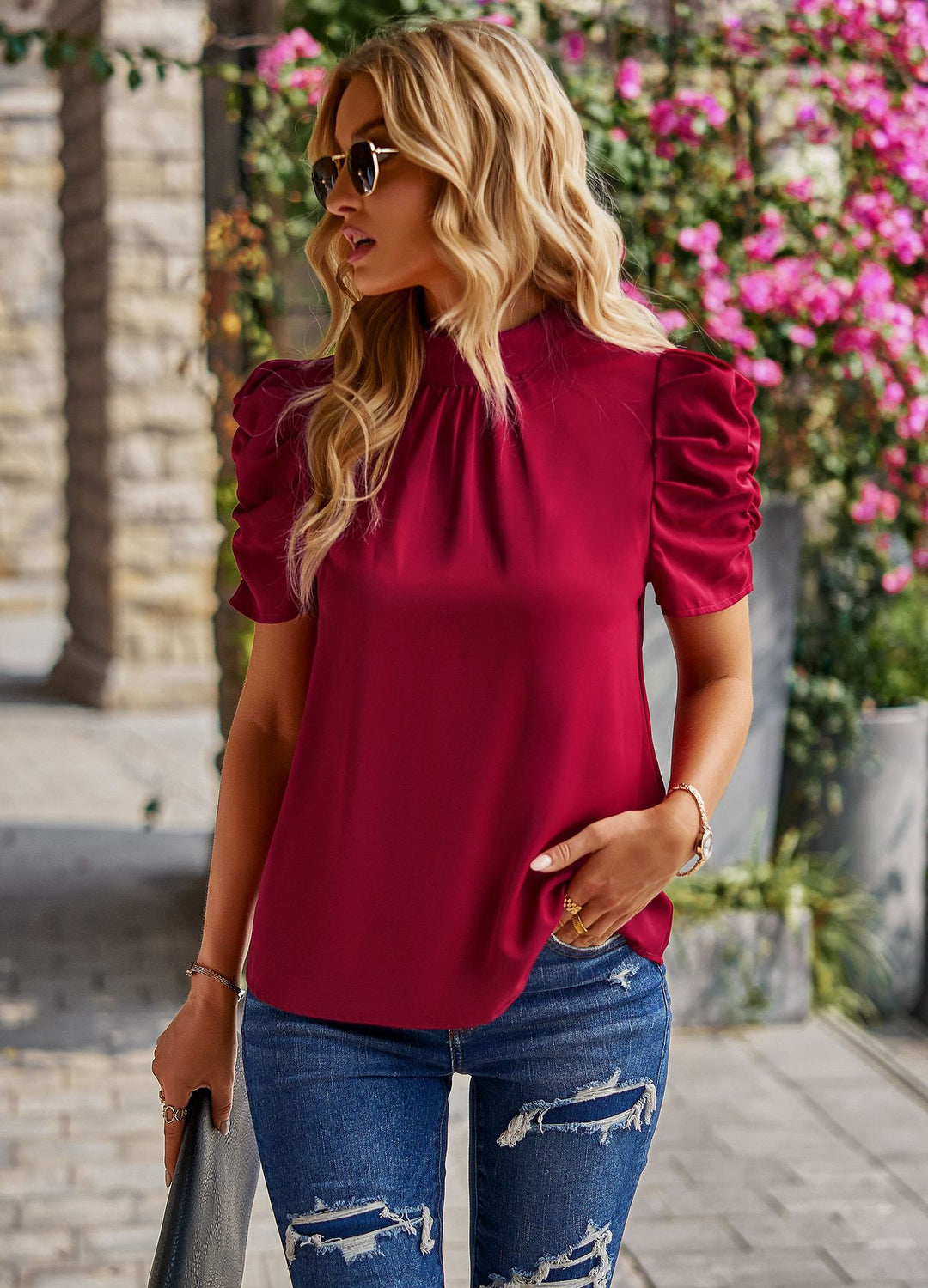 Damen Elegantes Oberteil mit gerafften Puffärmeln Drune