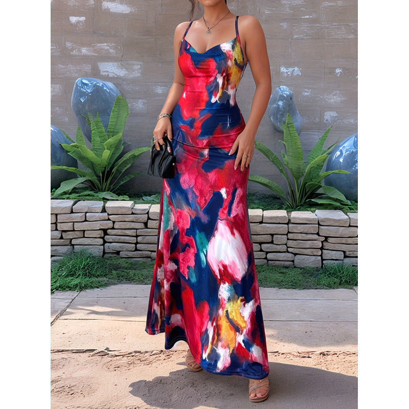 Damen Maxikleid mit floralem Aquarelldruck und schmalen Spaghetti-Trägern Drune