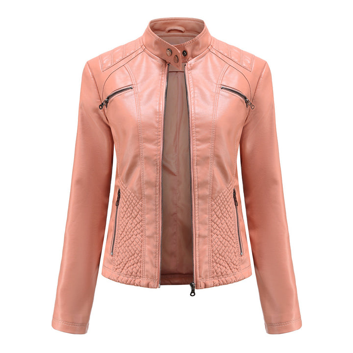 Damen nan taillierte Bikerjacke aus Kunstleder mit Stepppaneelen und Stehkragen Drune