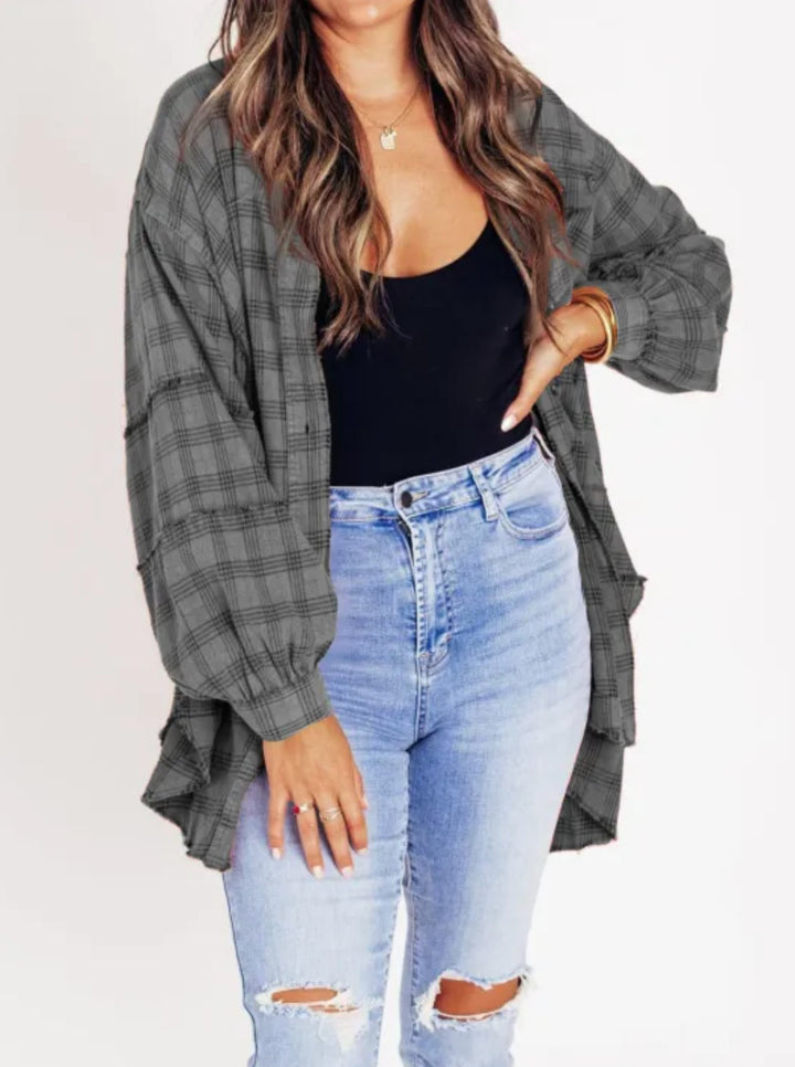 Damen nan oversized Karo-Überhemd mit Fransenbesatz, Brusttaschen und lockerer Passform Drune