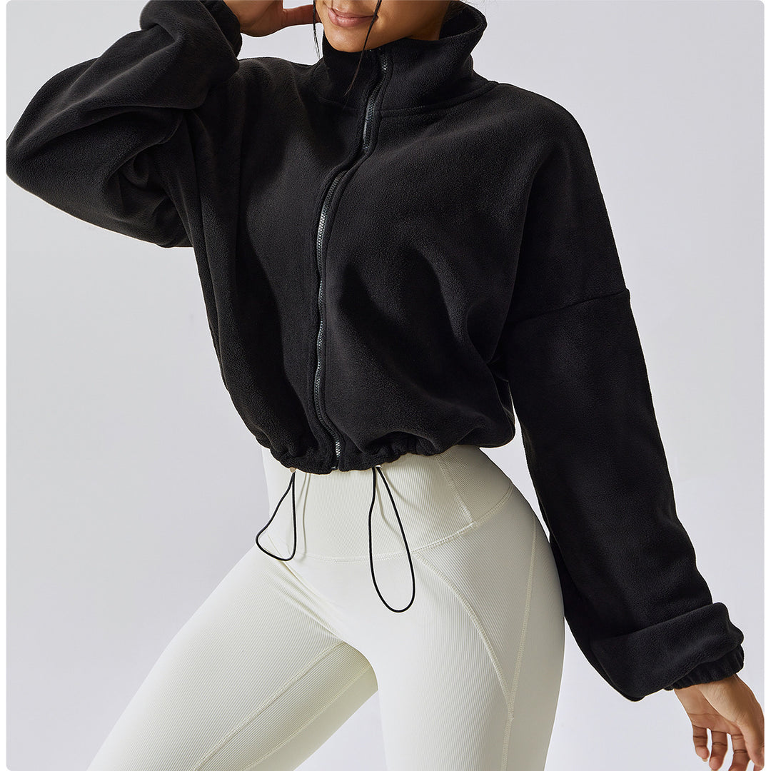 Damen kürzerer Fleece-Pullover mit hohem Kragen und Kordelzug Drune
