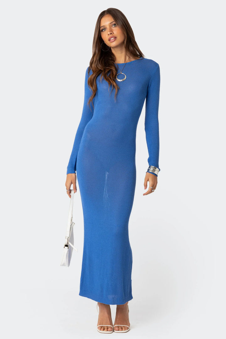 Damen elegantes Strick-Maxikleid mit Schnittdetails und stilvollem Ärmel Drune