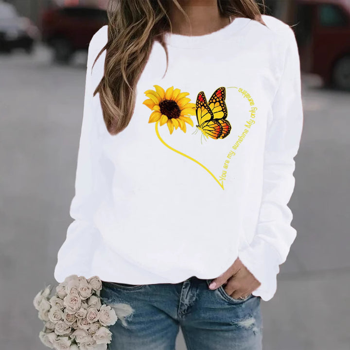 Damen Sweatshirt mit grafischem Schmetterlings- und Sonnenblumenmotiv Drune