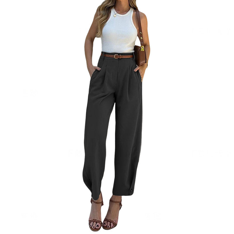 Damen Hochtaillen Hose mit eleganten Falten und praktischen Taschen Drune