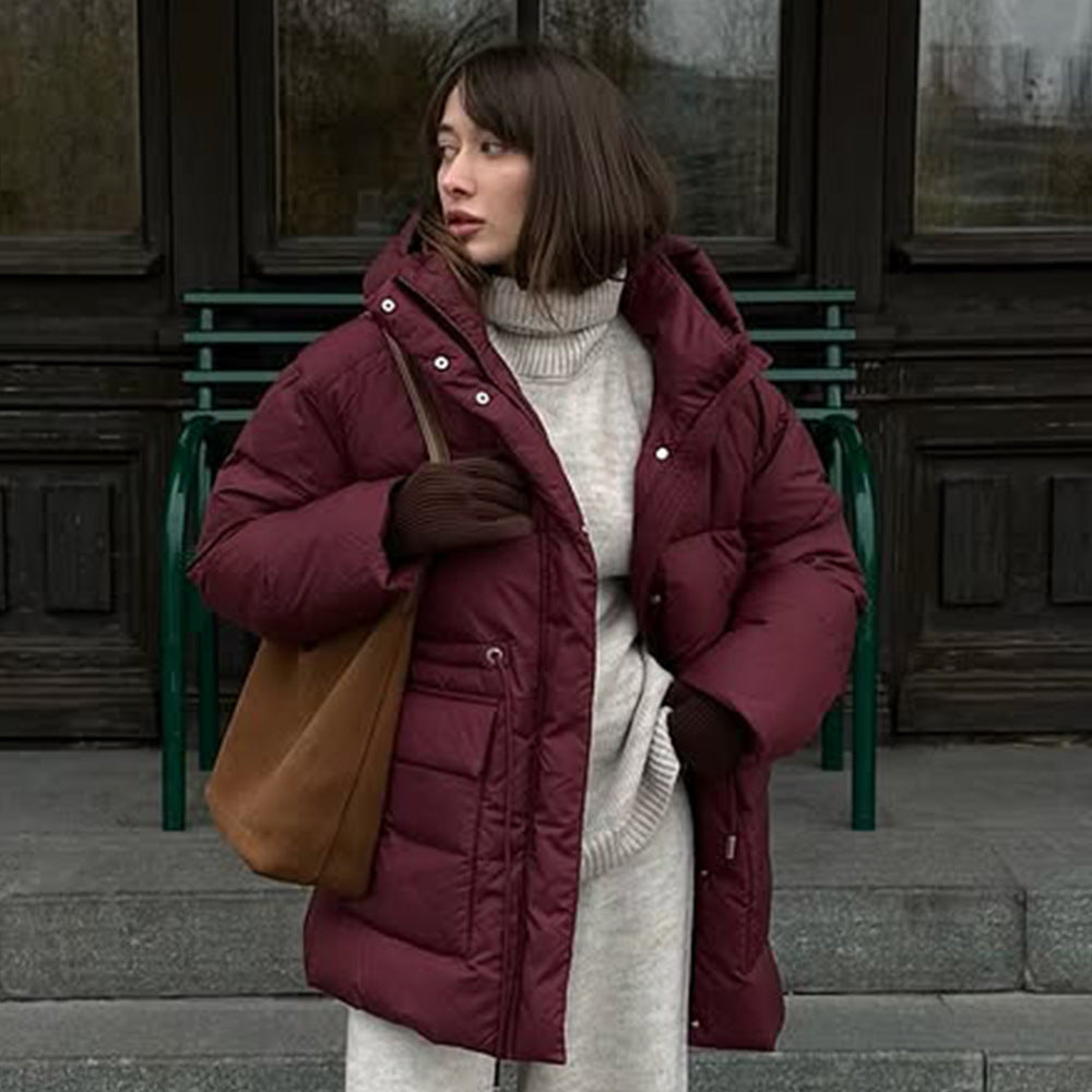 Damen gefütterte Daunenjacke mit taillierbarem Gürtel und hohem Kragen Drune