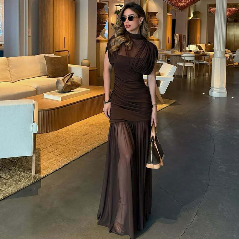 Damen Maxi-Kleid mit transparenten Puffärmeln und elegantem Raffungseffekt Drune