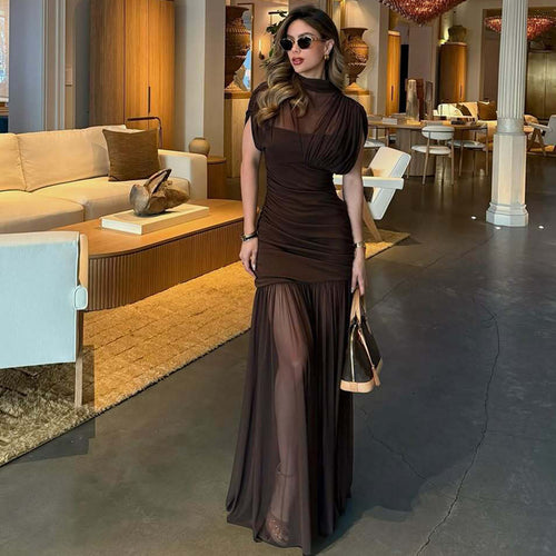Damen Maxi-Kleid mit transparenten Puffärmeln und elegantem Raffungseffekt Drune