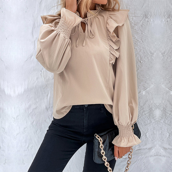 Damen Bluse mit Rüschendetails und Schleifen-Ausschnitt Drune