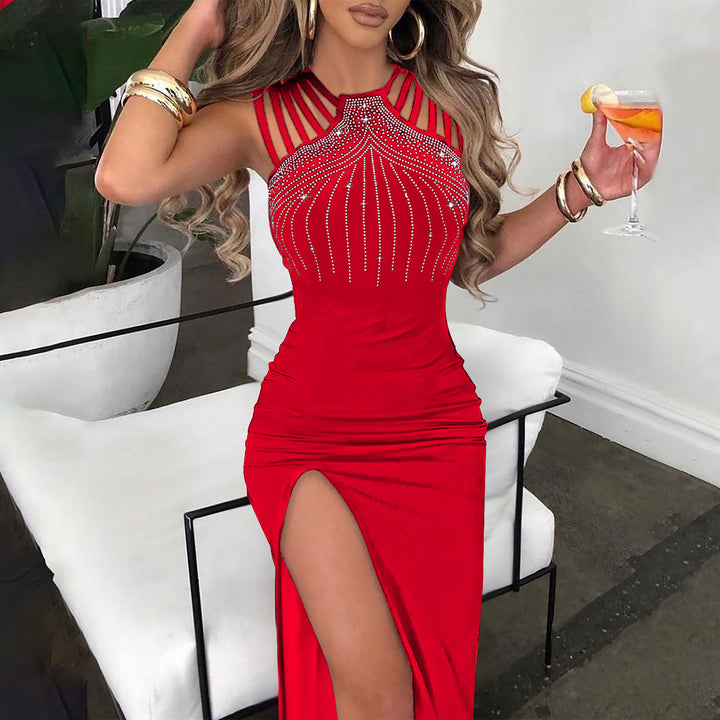 Damen elegantes Maxikleid mit glitzernden Strassdetails und sexy Schlitz Drune