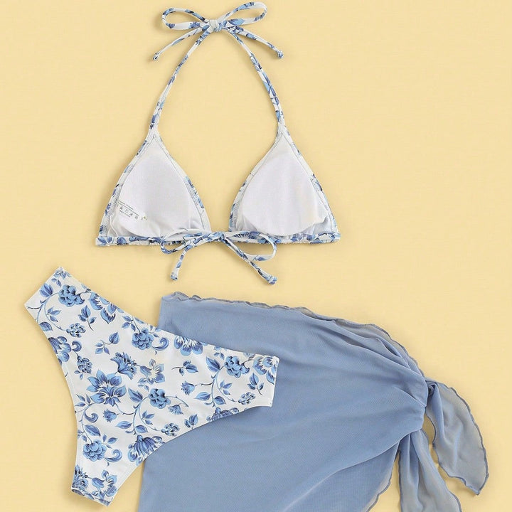 Damen Triangel-Bikini-Set mit Romantischem Blumenmuster und Eleganter Pareo Drune