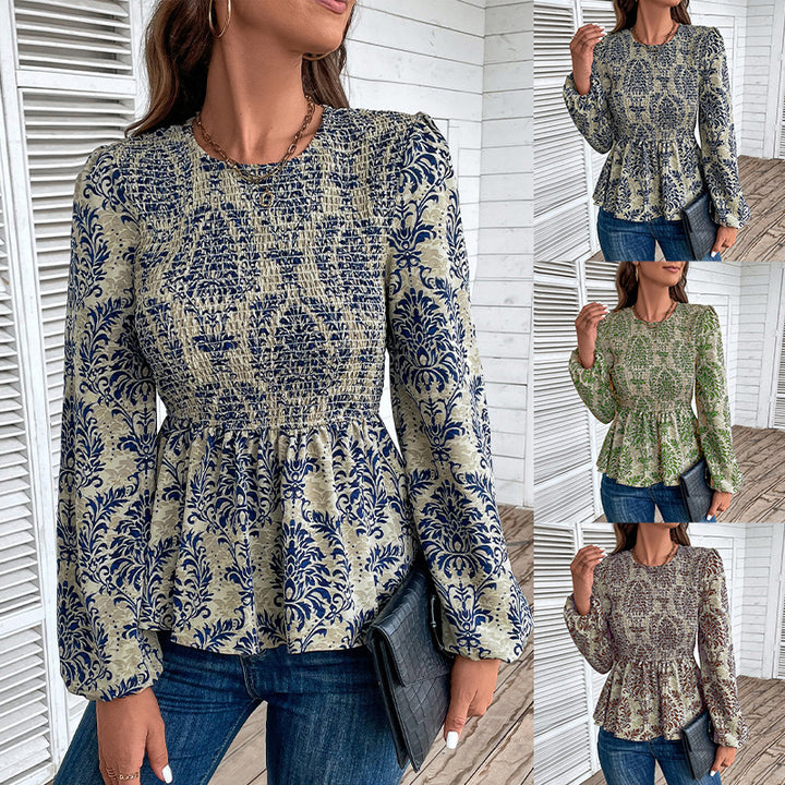 Damen Bluse mit eleganter Rüschennähten und floralem Muster Drune
