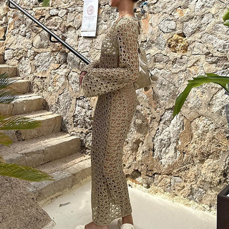 Damen Häkel-Strandkleid mit weiten Ärmeln und modernem Netzdesign Drune