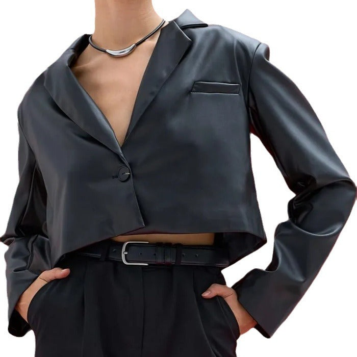 Damen lässige kurz geschnittene Kunstlederjacke Drune