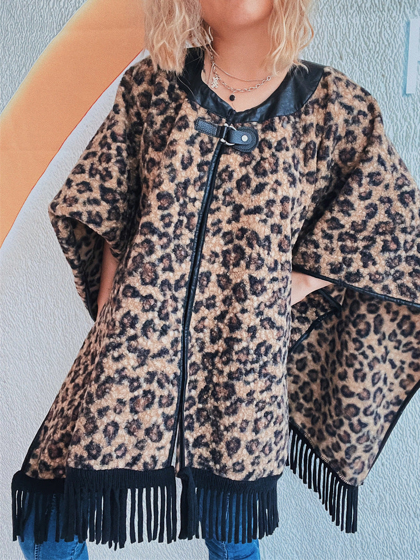 Damen modischer Poncho mit Fransen und tierischem Print Drune