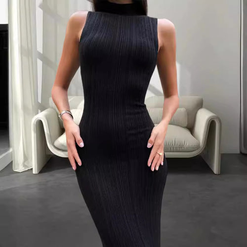 Damen figurbetontes Maxikleid mit hohem Kragen und elegantem Rippmuster Drune