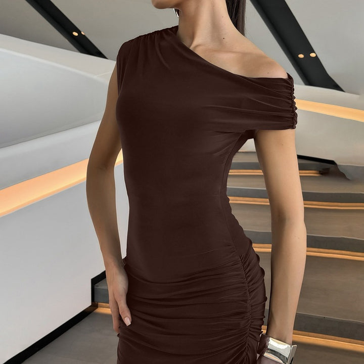 Damen Elegantes Wickel-Maxikleid mit asymmetrischer Schulterpartie Drune