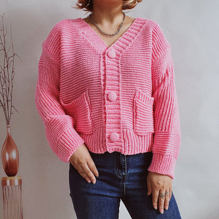 Damen kuschelige Strickjacke mit V-Ausschnitt und Taschen Drune