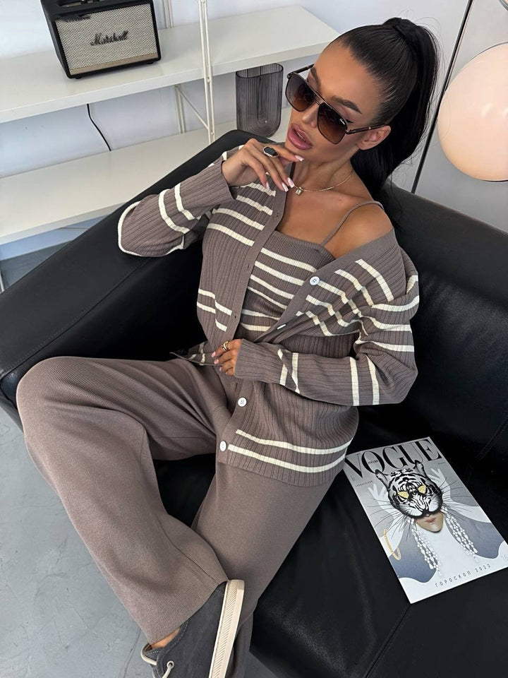 Damen Strick-Set mit eleganter Cardigan-Jacke und weitem Hosenbein Drune