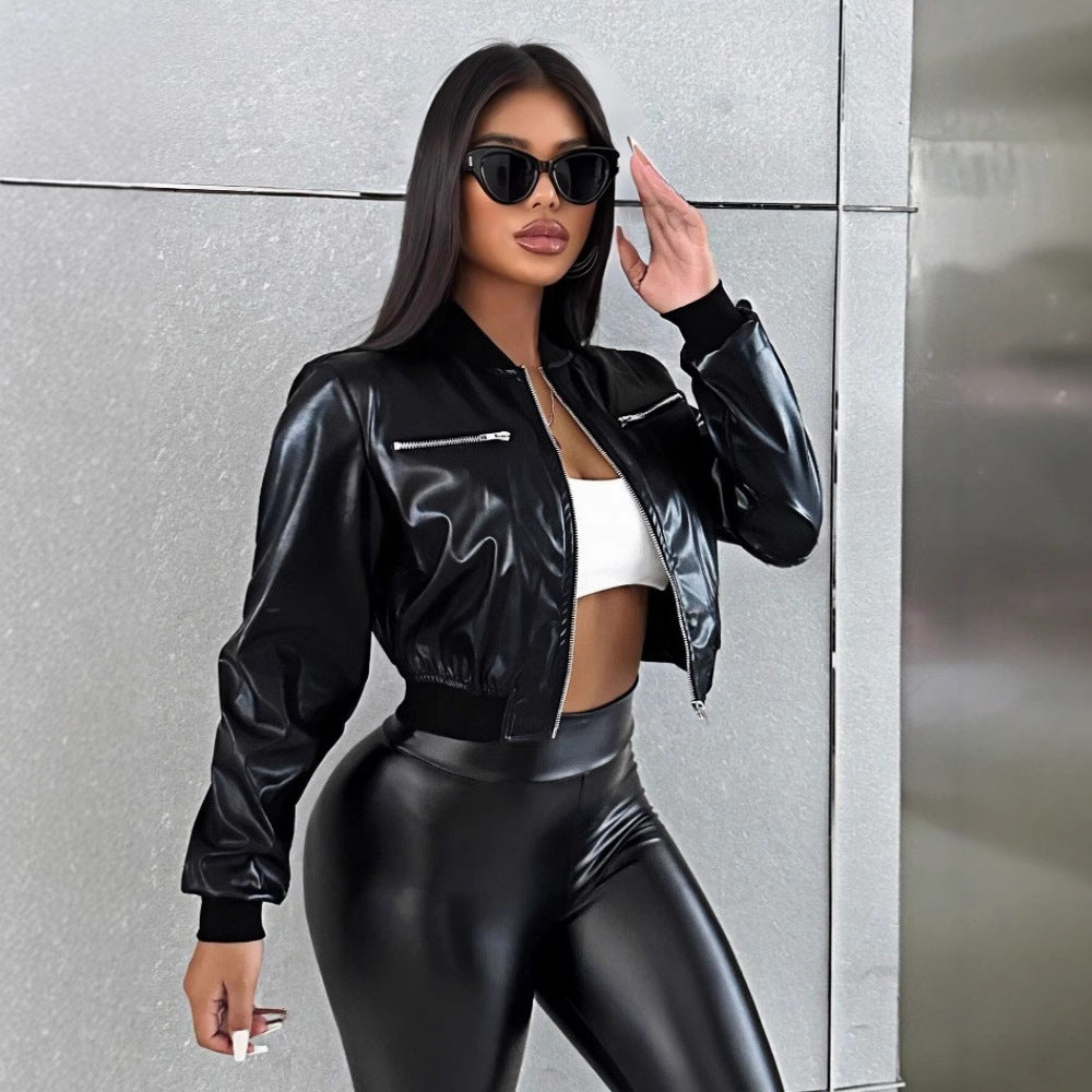 Damen cropped Kunstlederjacke mit glänzendem Finish und dekorativen Reißverschlüssen Drune