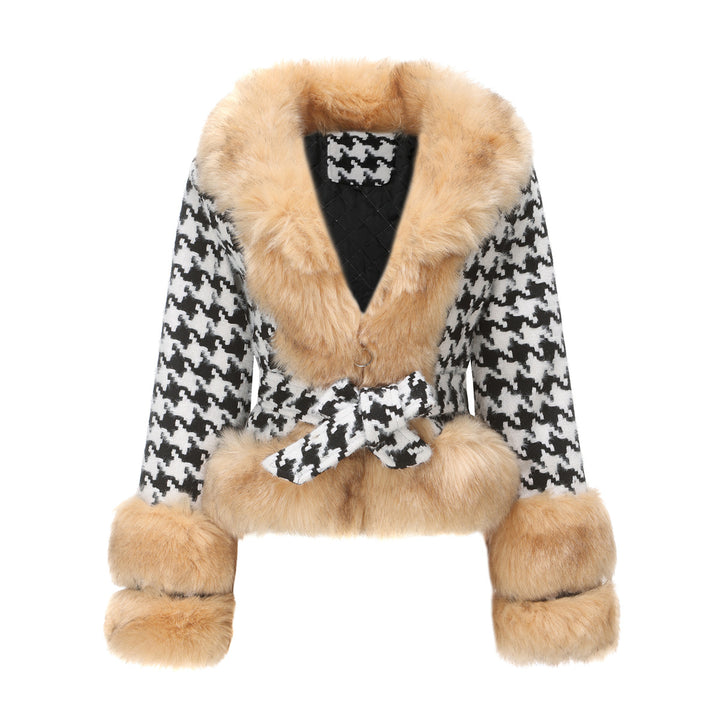 Damen Hochwertige Winterjacke mit auffälligem Hahnentritt und faux Pelzkragen Drune