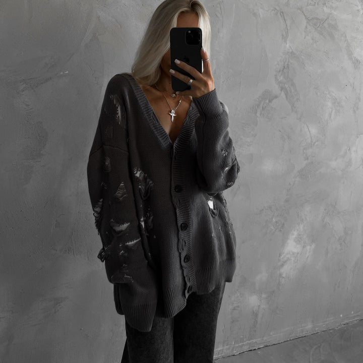 Damen Oversized Strickjacke mit floralem Design und lässigem Schnitt Drune
