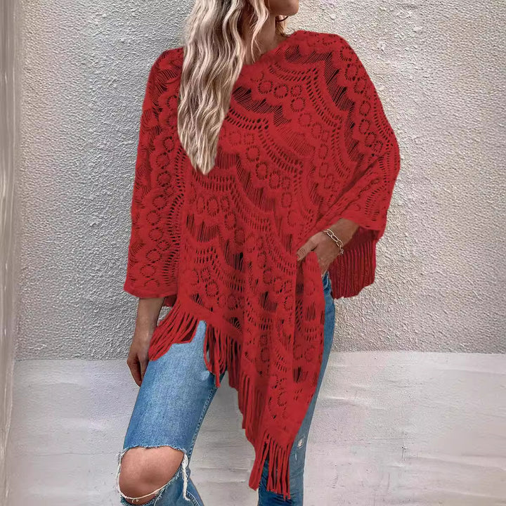 Damen Strickponcho mit auffälligem Häkelmuster und modischen Fransen Drune
